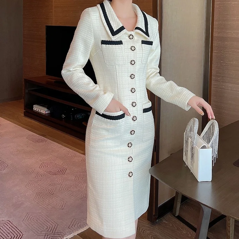 

Womens New Turn-Down Collar Single Breasted Pockets Spliced Elegant Dress Office Lady Korean Style Fashion Tweed Slim Dress