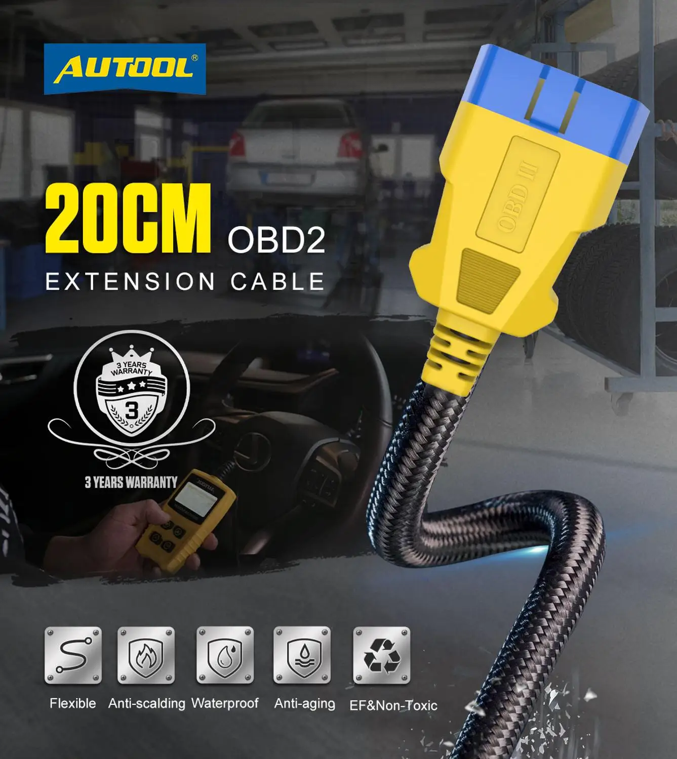 AUTOOL 20CM Car OBD 2 II Extend Cable 16Pin Lengthen with OBD Scanner Nylon Flexible Bluetooth Anti-Scalding Adapter