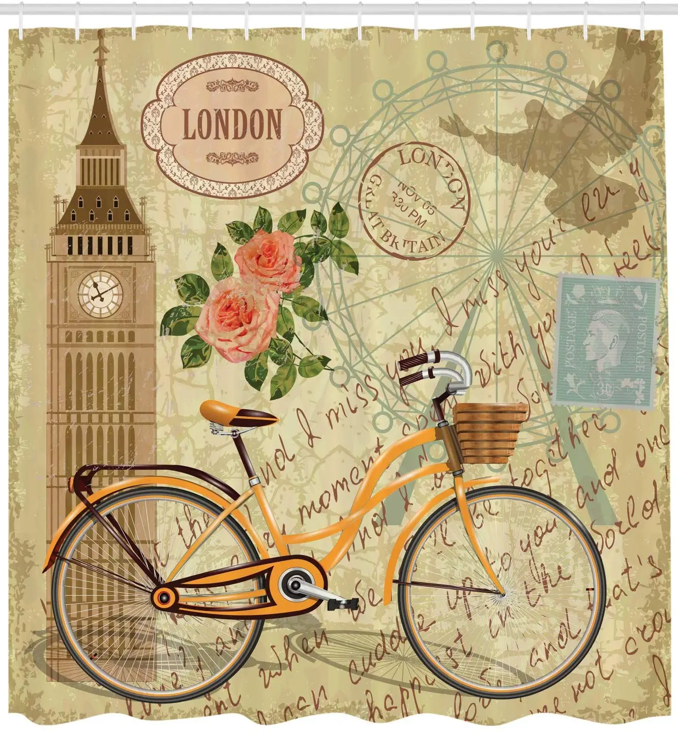 Vintage Design with Stamp Big Ben and Bicycle Blossoming Rose, Cloth Fabric Bathroom Décor