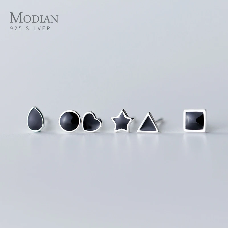 Modian Simple Enamel Fine Jewelry Cute Real 925 Sterling Silver Star Heart Square Round Stud Earrings For Women Silver Jewelry