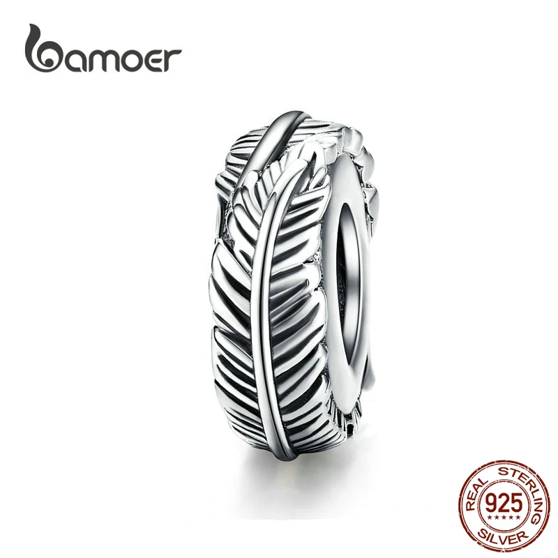 bamoer hot Sales Bohemia Feather Spacer Stopper with Silicone 925 Sterling Silver Vintage Beads for Women Bracelet SCC1236