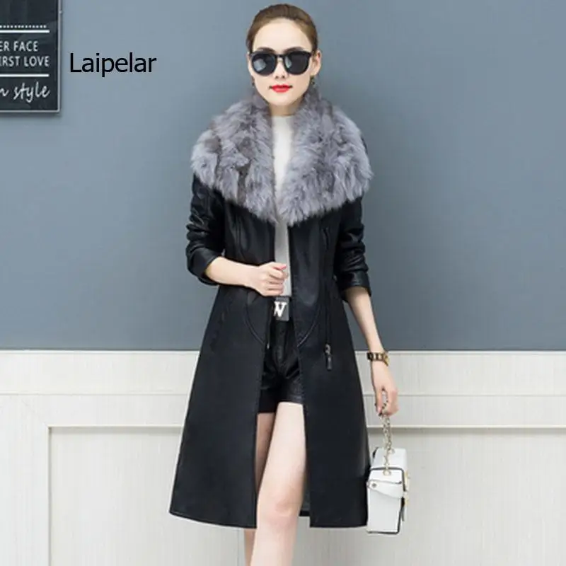 Large Fur Collar Leather Jacket Thick Plus Velvet PU Women Jacket Winter Fashion Slim Medium-length Women Leather Jacket