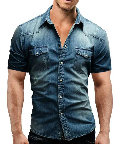Heren Zomer Denim Dun Shirt Korte Mouw Zacht Katoen Twee Zakken Slank Licht Elastisch Jeans Cowboy Shirt Kleding 2026 - afbeelding 1