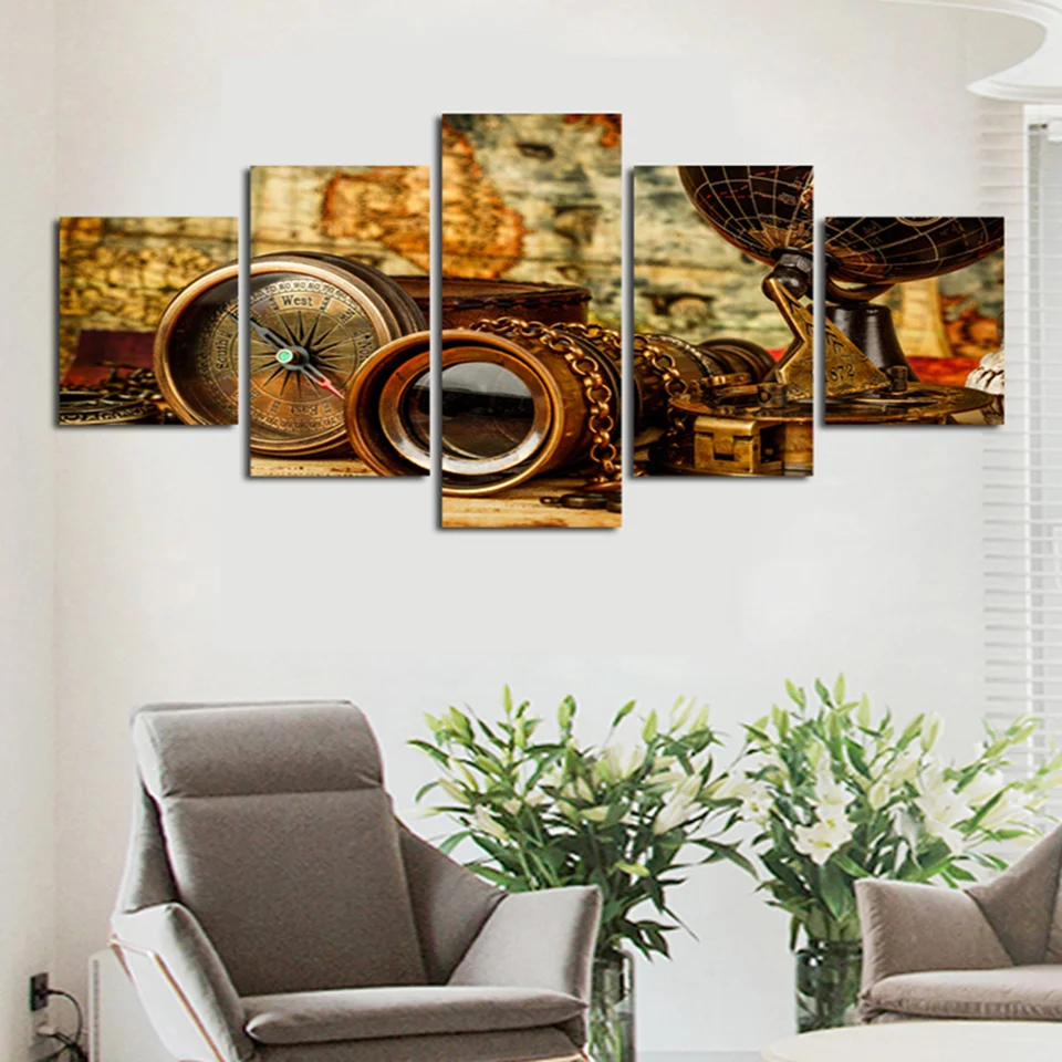 

Wall Art Canvas Painting 5 Pieces Retro Instrument Telescope Compass Home Modern Decoration HD Print Poster Living Room Picture