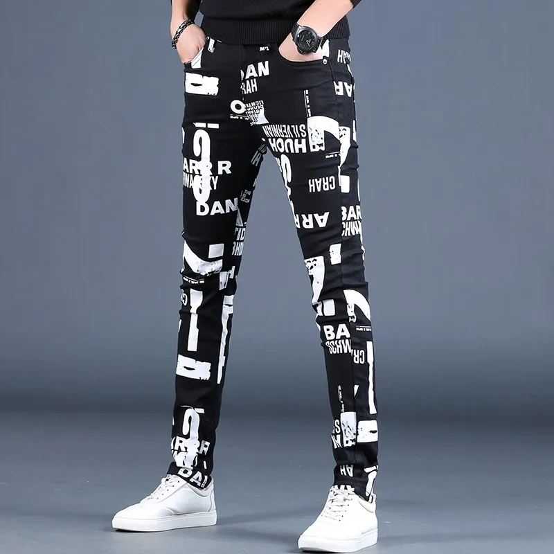 Autumn Black Jeans Men Fashion Letter Printed Pants Casual Slim Fit Jean Streetwear Mens Denim Trousers