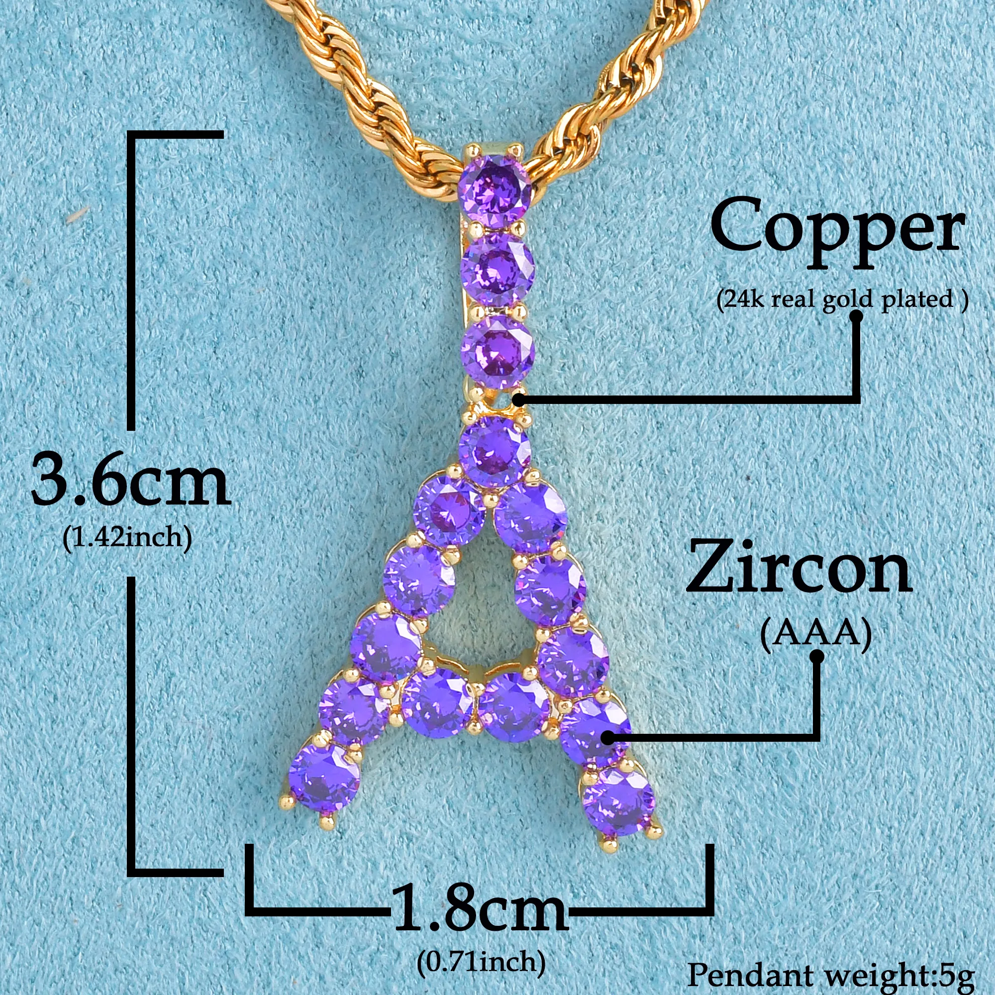 Purple Color Zircon Tennis Letters Pendant For Men/Women Gold Color Necklaces Hip Hop Jewelry 4mm Tennis Chain