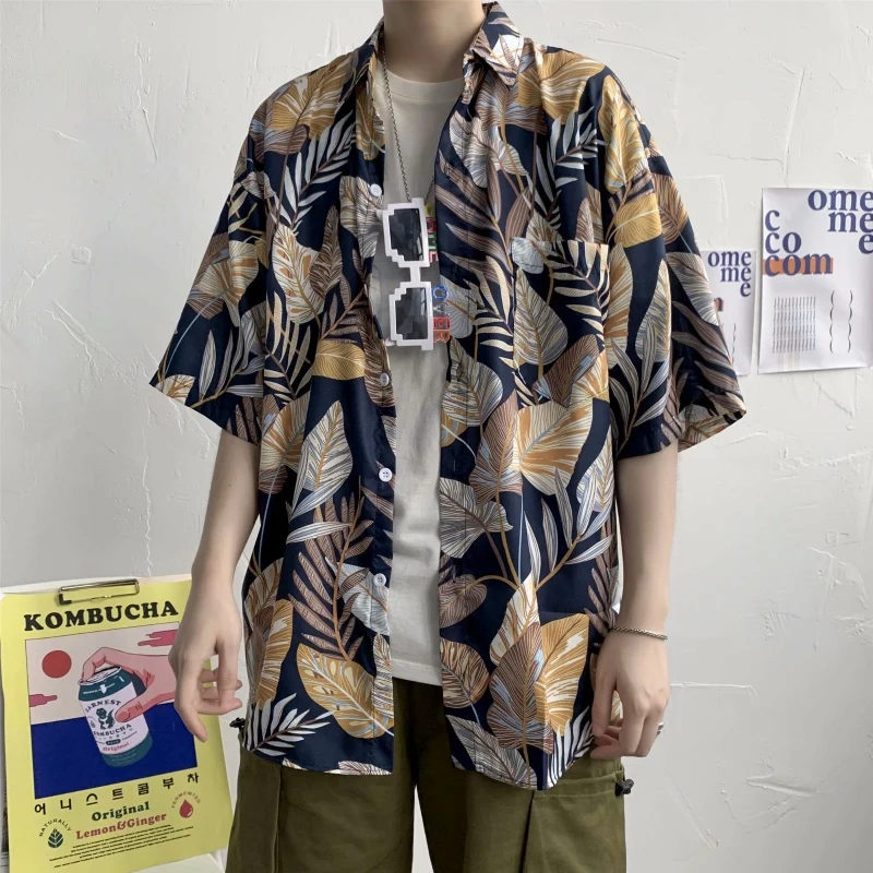 Yellow Hawaiian Flower shirt men's short sleeve loose beach shirt ancient fashion men's handsome coat harajuku Genuine Recommend