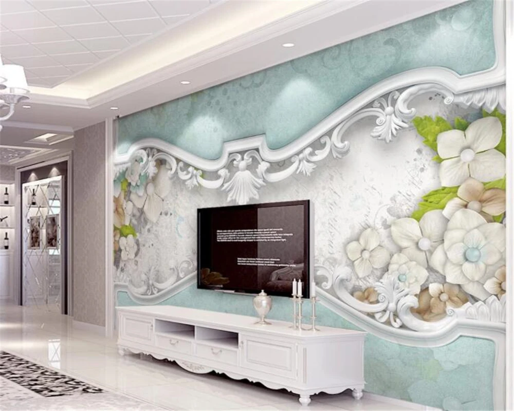 

Custom wallpaper white embossed flowers luxury rococo style European style wall mural living room bedroom 3d wallpaper