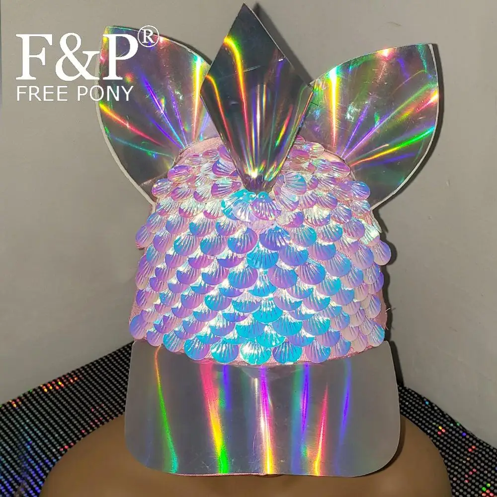 Burning Man Festival Holographic Mermaid Scale Unicorn Hat Cap Carnival Costume Gogo Dancer Halloween Cosplay Accessories