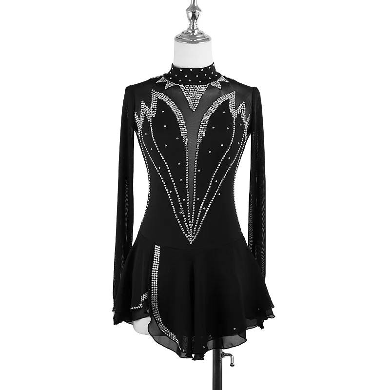 ZAGITOVA Figure Skating Performance Dress Girls Women Ice Skating Skirt In Black White Butterfly Shape Rhinestones Mesh Skirt