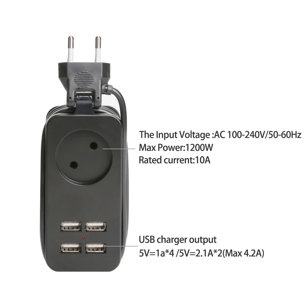 Travel Extension Socket Outlet  Power Strip Portable EU Plug Surge Protector with 4 USB