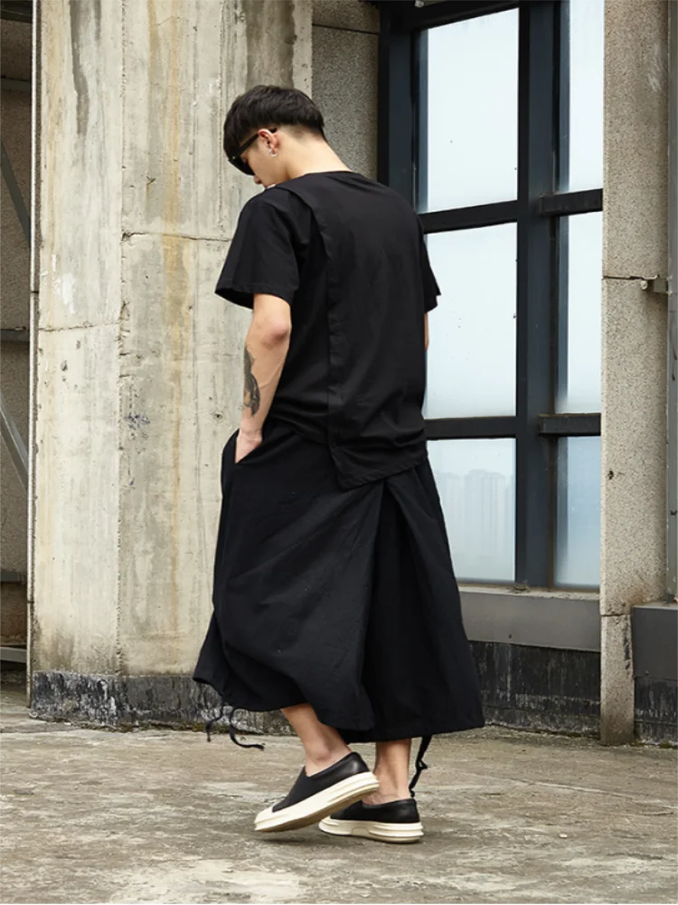 Men retro style pure color loose wide leg pants Yamamoto wind flax casual eight point pants skirt match