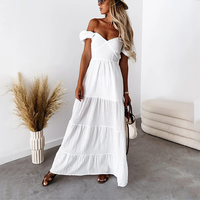 Sexy Backless Lace-Up Drape V Neck Party Dress Women Elegant Off Shoulder Solid Beach Dress Summer Casual Puff Sleeve Long Dress