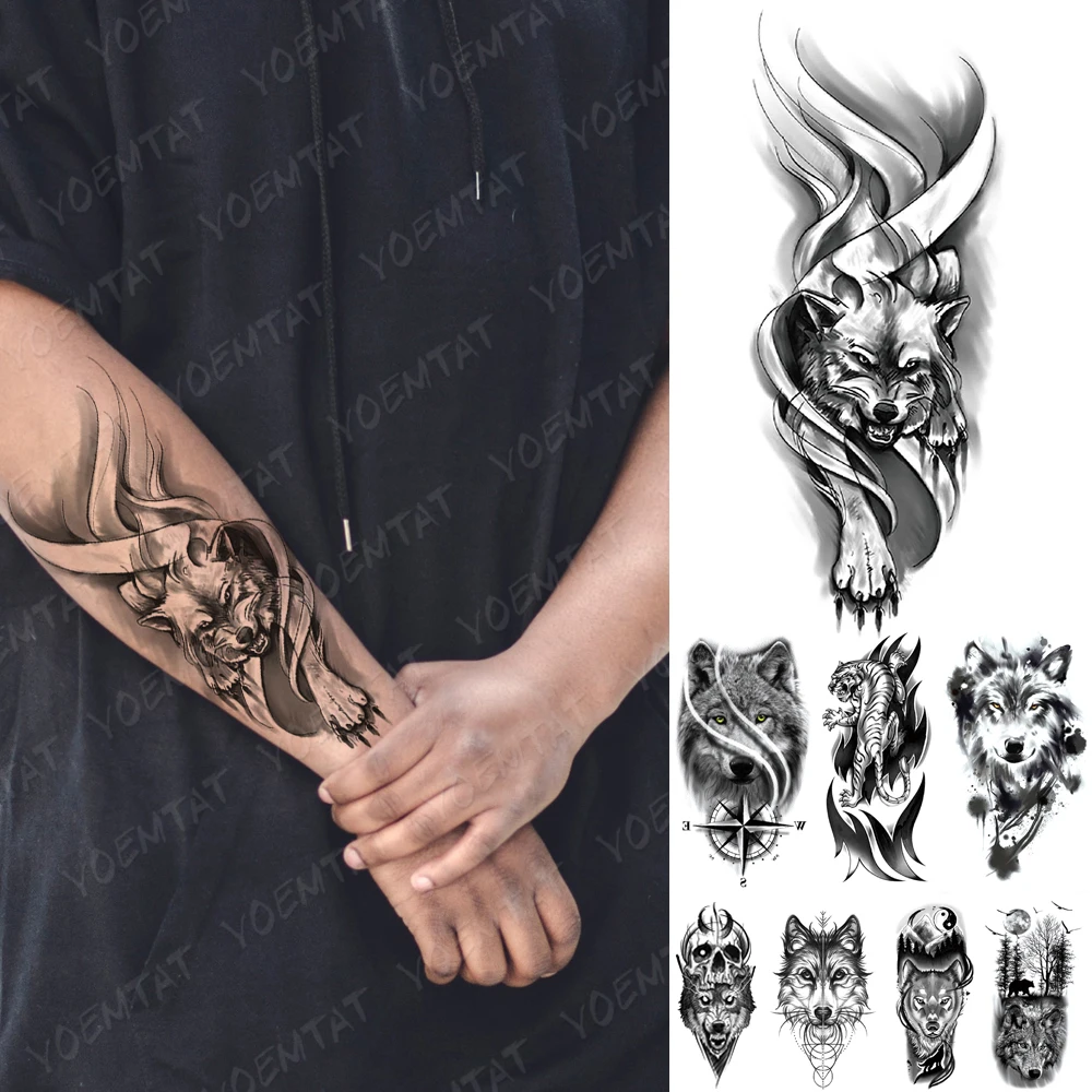 

Waterproof Temporary Tattoo Sticker Wolf Tiger Compass Forest Tattoos Moon Bird Skull Body Art Arm Fake Sleeve Tatoo Women Men