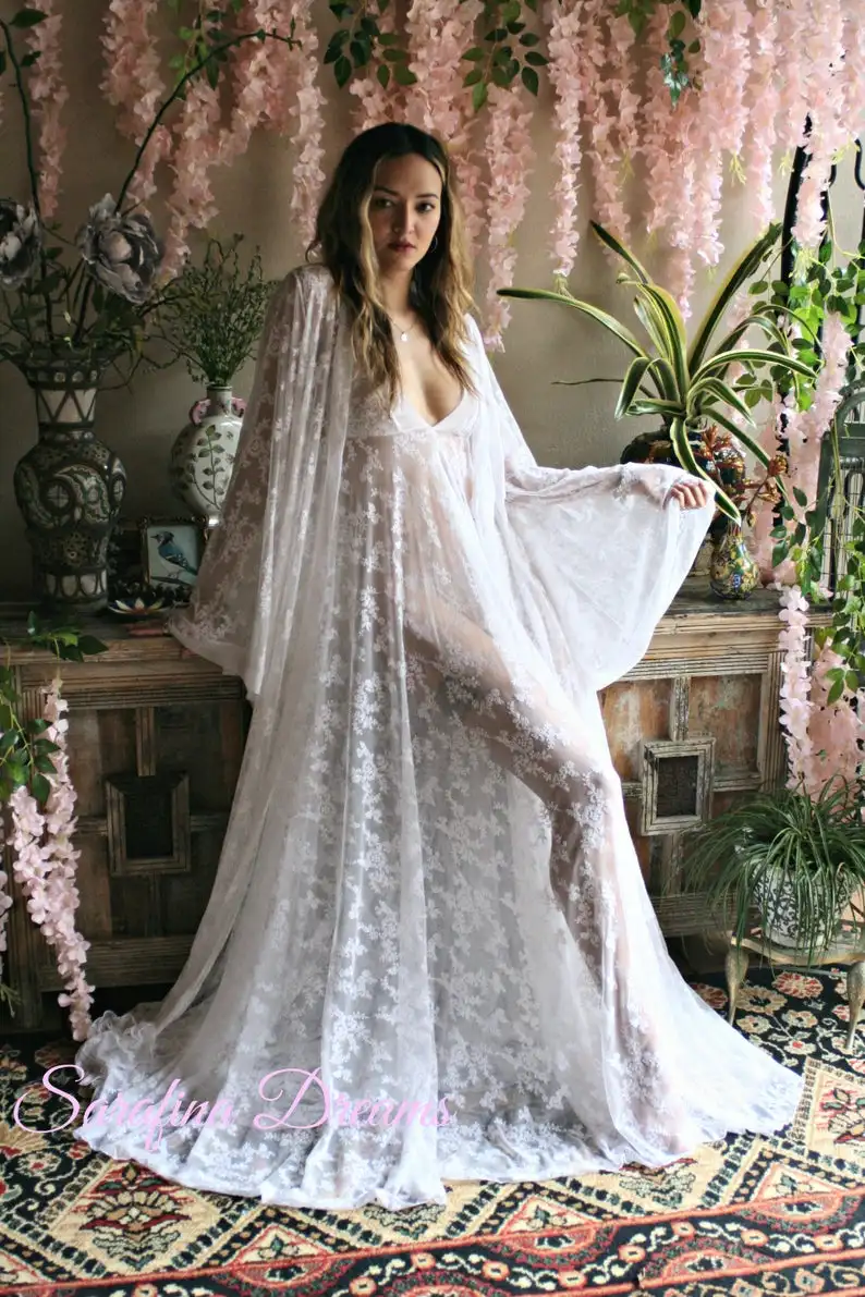 Two Pieces White Embroidered Lace Bridal Robe Lingerie V Neck Wedding Lingerie Bridal Sleepwear White Prom Party Kimono