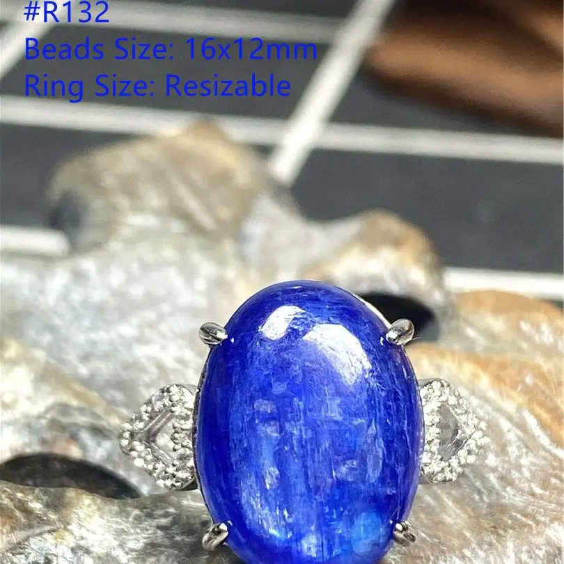 Natural Blue Kyanite Crystal Ring Jewelry For Women Men Luck Gift 16x12mm Beads Silver Beauty Cat Eye Stone Adjustable Ring AAAA