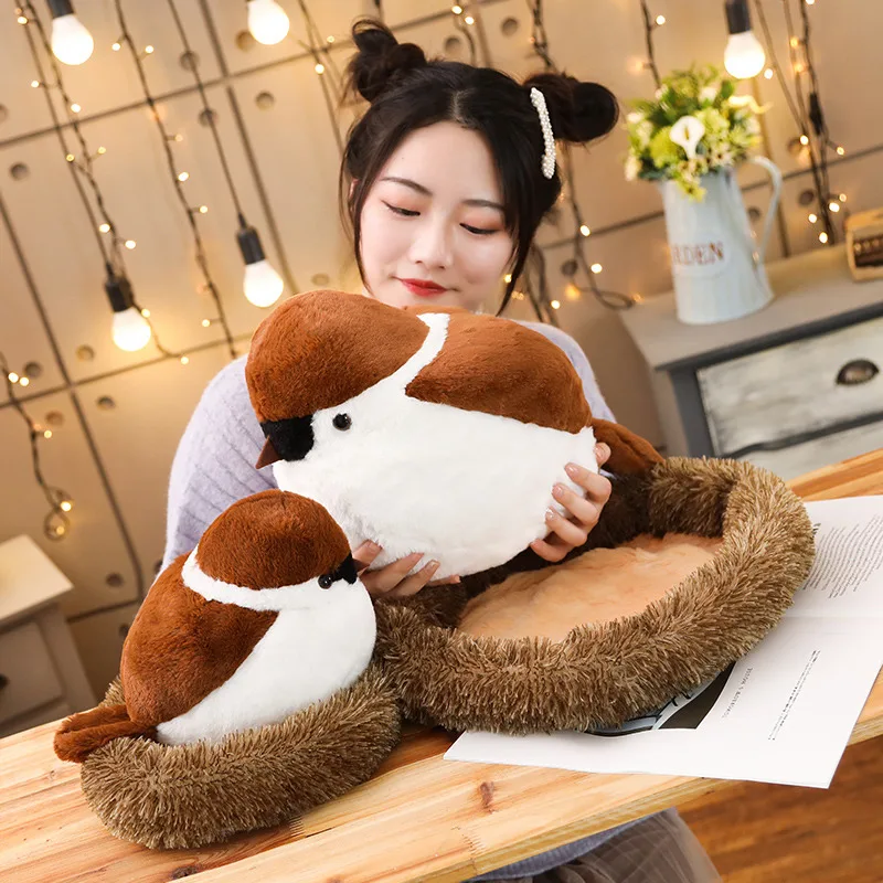 Suave Adroable realista pájaro relleno Animal gorrión juguetes de peluche con nido esponjoso juguetes suaves