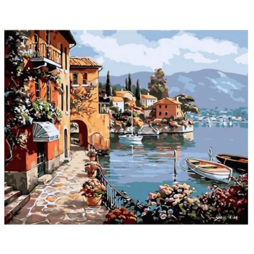 5D DIY Beautiful Frame Venice Resorts Seascape  Numbers Hand Oil Painting  Wall Home Decoration  Artwork Arts Craft  FH899