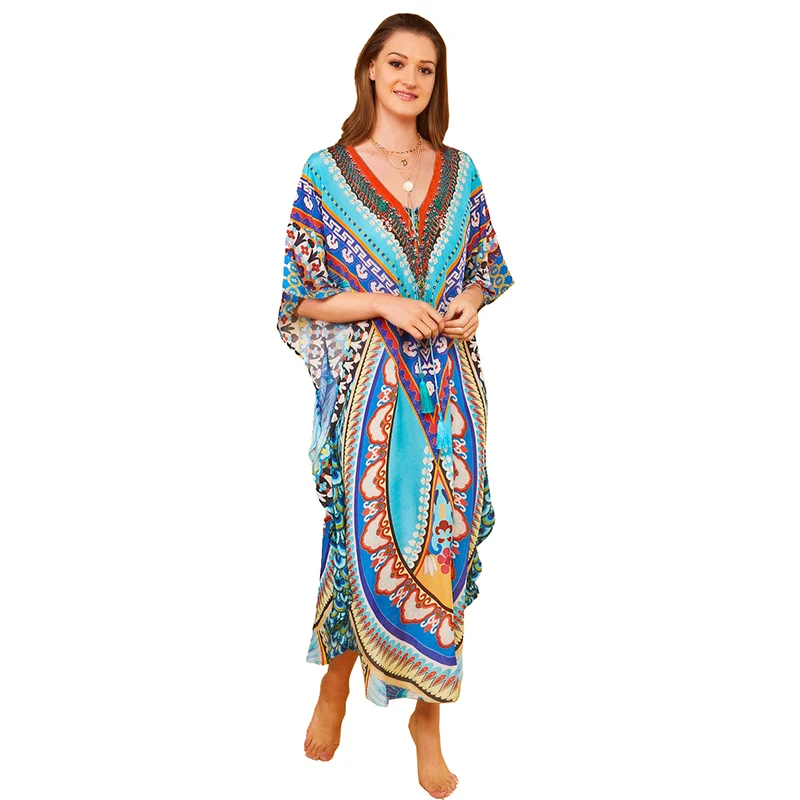 's Kaftan Beach Tunic Cotton Beach Cover up Saida de Praia Swimsuit Women Bikini Cover up Pareo Sarong Beachwear # Q956