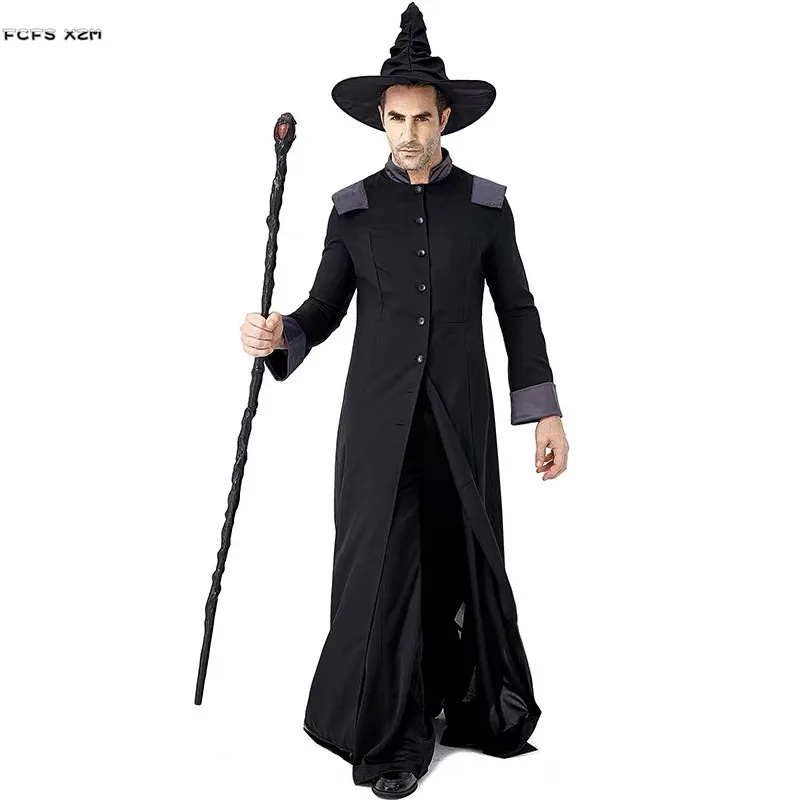 Gothic Men Halloween Evil Wizard Costume Magic Robe Magician Cosplay Carnival Purim Masked Ball Masquerade Role Play Party Dress