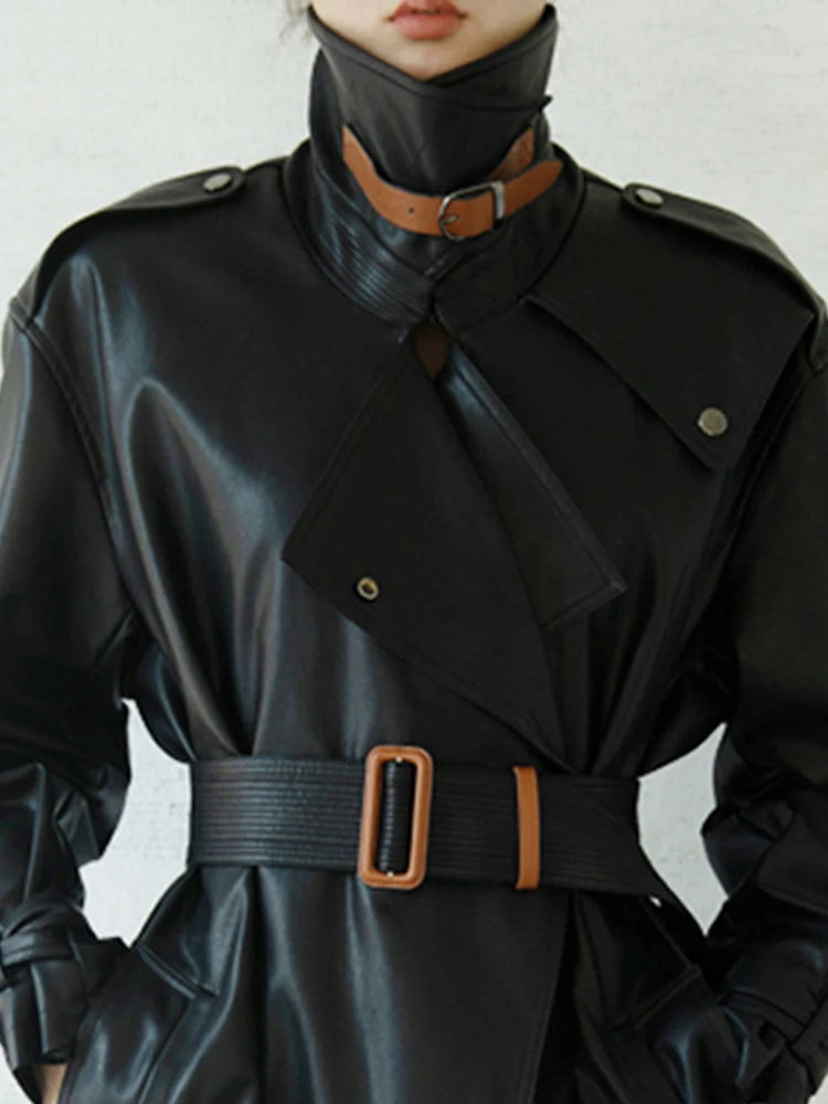 Lautaro-Manteau Long en Cuir Noir pour Femme, Respiré, Cool, Ceinture, Manches sulf, Mode Européenne, Printemps, Automne, 2021, 2022