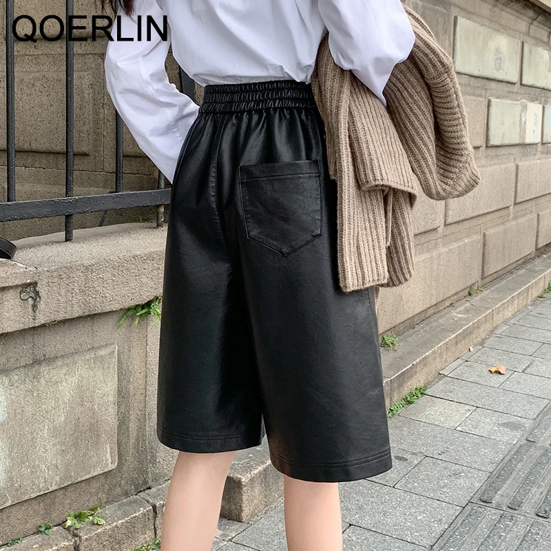 QoerliN-pantalones cortos de cuero sintético para mujer, ropa de calle informal de cintura alta, pierna ancha, prendas de vestir exteriores