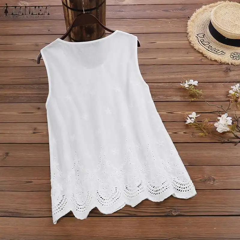 ZANZEA  Women Blouse Summer Sleeveless Tanks Tops Hollow Out Shirt Female Solid Cotton Linen Blusas Vintage Embroidery Tops