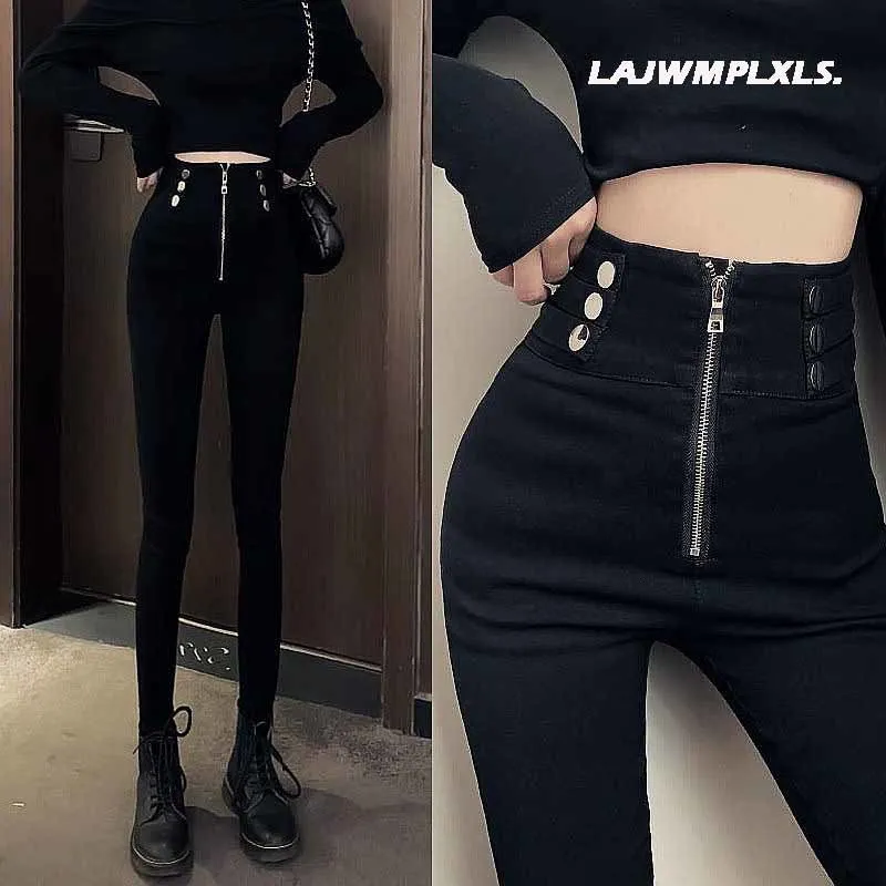 2022 Autumn Spring New Black leggings Casual Elastic High Waist stretch feet pants women\'s Metal Buttons was thin Pencil Pants