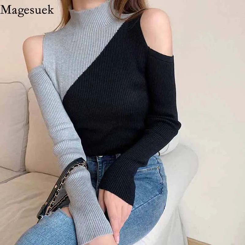 

Turtleneck Long Sleeve Pullover Elegant Women Sweaters Autumn Fashion Chic Contrast Off-shoulder Knitted Bottoming Shirt 12211