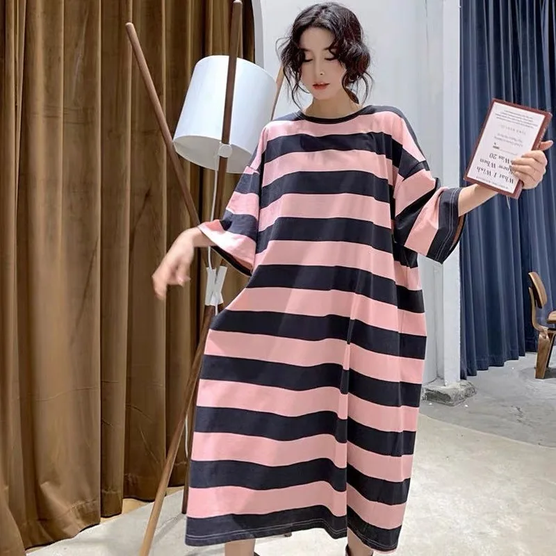 Nightgowns Women Summer Striped Plus-size 6XL Loose Korean Chic Leisure Womens Oversize Long-Pyjamas Mid-calf Breathable Cotton