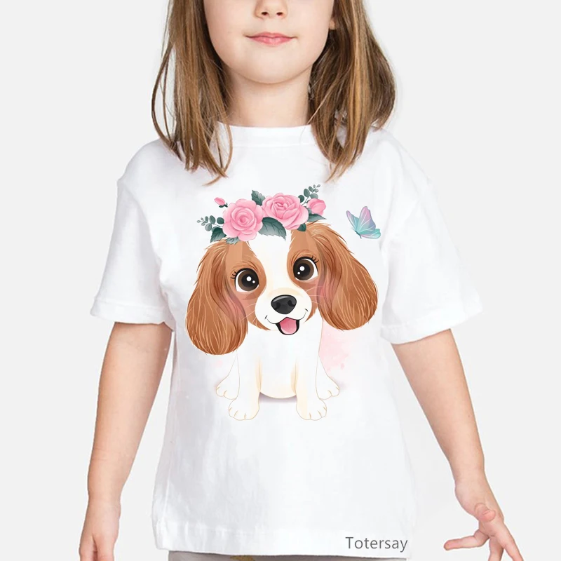 

Dogs with Flowers Animal Print T Shirt Girls Pug Doberman Labrador Chihuahua Tshirt Kids Clothes Summer Tops Girls Clothes