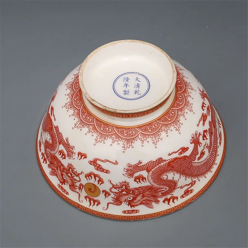 Qing Dynasty Qianlong Year Mark Bowl Alum Red Dragon Painting Gold Double Dragon Pattern Bowl Antique Porcelain Collection