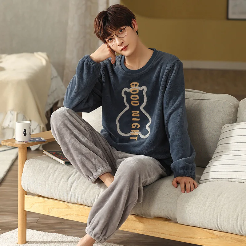 O-Neck Pajamas Winter Coral Fleece Sleepwear Trouser Suits Loose Casual MEN 2PCS Shirt&Pant Home Clothes Big Size 3XL Homewear