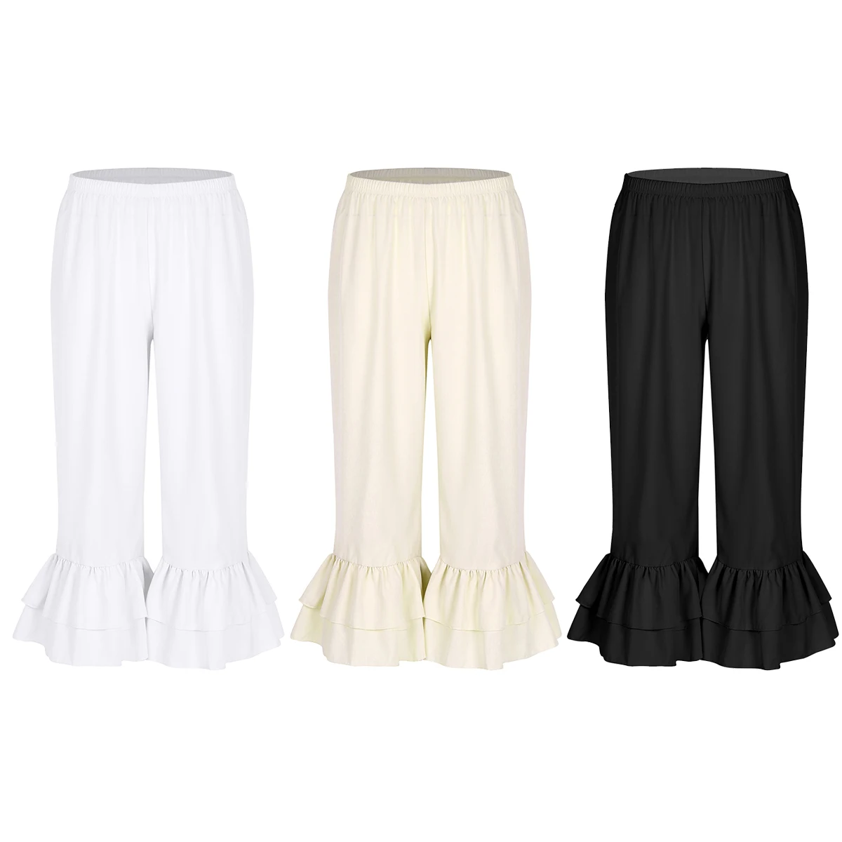 Women Retro Vintage Elastic Waist Ruffles Hem Pantaloons Bloomers Victorian Era Costume Women Loose Solid Flare Pants Casual