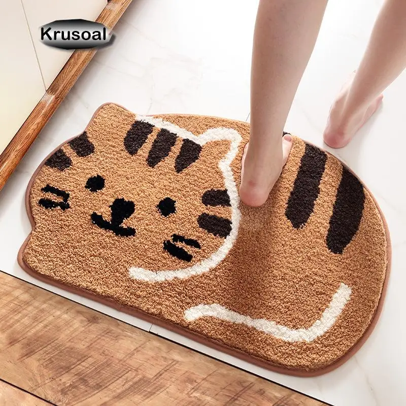 Bathroom Absorbent Floor Mats Creative Cartoon Cat Shape Thick Flocking Bathroom Rugs Non-Slip Bath Mat Decorative Door Mats