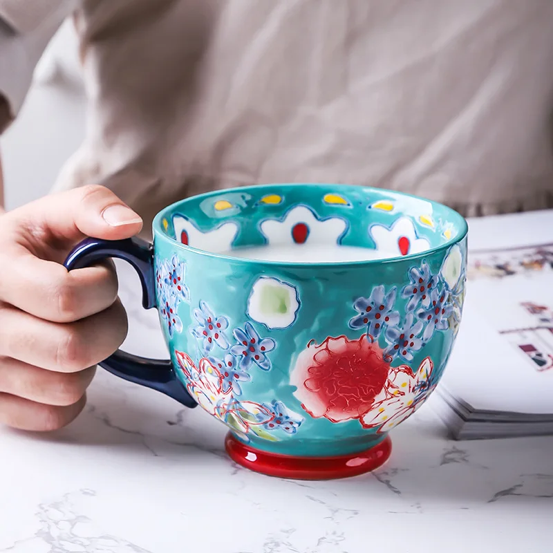 Ceramic Coffee Mugs and Cups Large Capacity Hand Painted Flower Household Office Using Porcelain Creative Drinking Water Mug