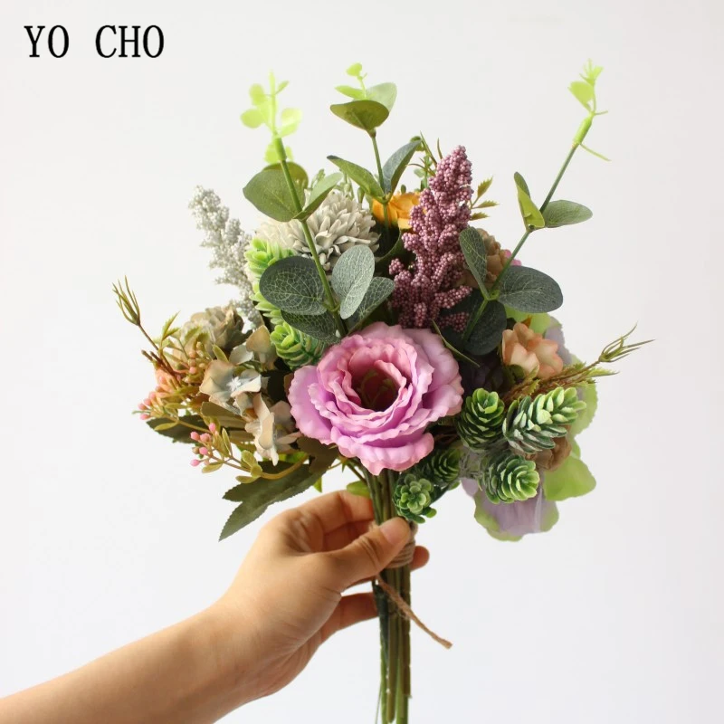 YO CHO – Bouquet de mariage artificiel en soie, fleur de lisianthe, demoiselle d'honneur, hortensia, Pompon, feuilles d'eucalyptus, fleur de mariage