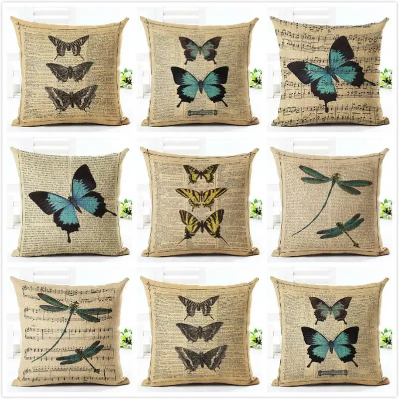 Funda de cojín con estampado de mariposa, funda de almohada Retro de lino y algodón con mariposa para sofá, fundas de almohada decorativas, funda de almohada ZT104