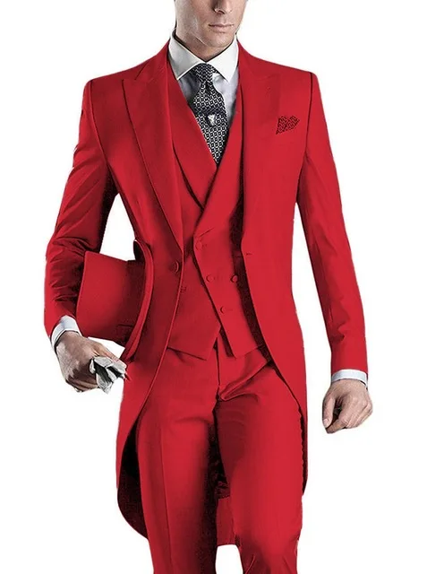 

Red Men Suits 3 Pieces Peak Lapel Tailcoat Costume Homme Groom Prom Wedding Terno Masculino Slim Fit Blazer (Jacket+Pant+Vest)