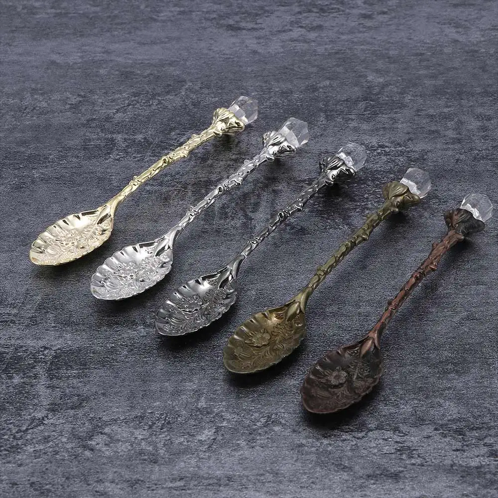 Vintage Coffee Spoon Forest Branch Leaves Cute Teaspoon Crystal Milk Spoon Ice-Cream Sugar Cake Spoon Kitchen Accessories