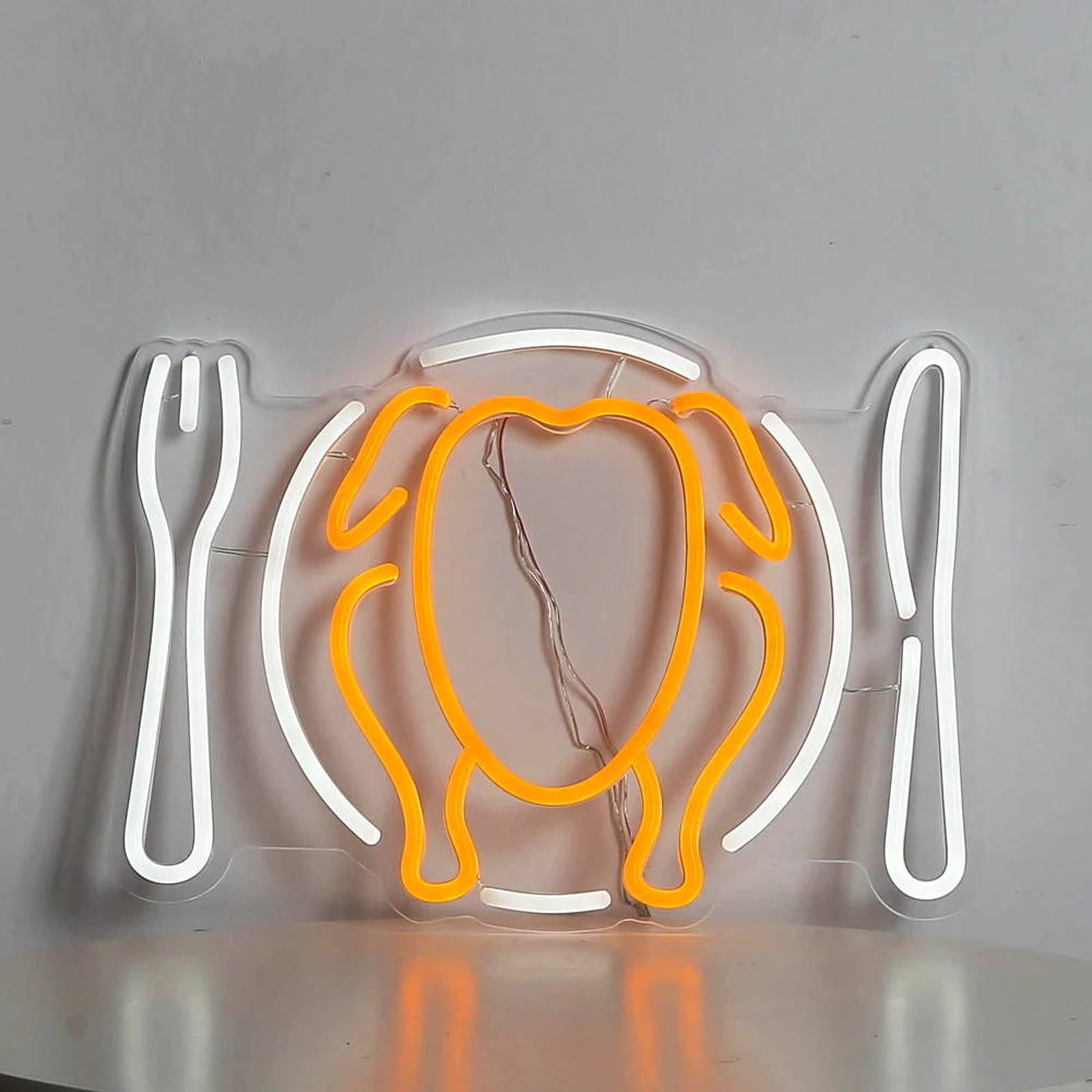 Roast Chicken Neon Sign Knife Fork Food Delivery Eatser Festival Decorative Orange Lamp Room Kitchen Restaurant Bar Party Decor