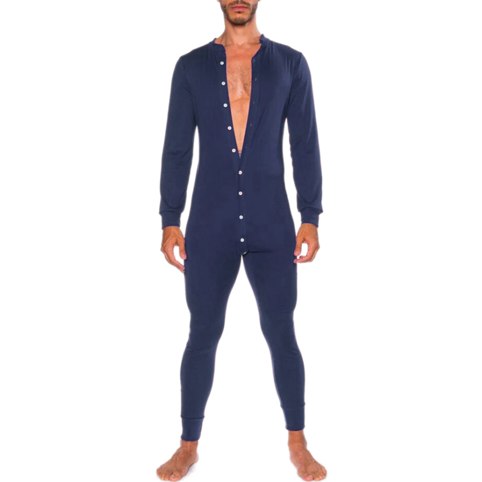 Mannen Thuis Kleding Herfst Lange Vrijetijdskleding Mannelijke Leisure Stijl Ronde Kraag Lange Mouw Single-Breasted Jumpsuit Nachtkleding Set