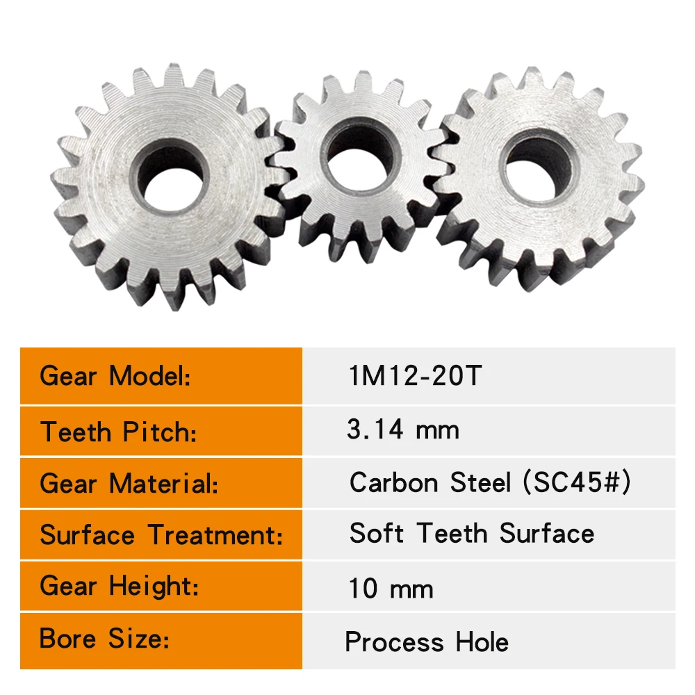 1 Piece Spur Gear 1M-12T/13T/14T/15T/16T/17T/18T/19T/20T SC45# Carbon Steel Material Cylindrical Gear Transmission Accessories