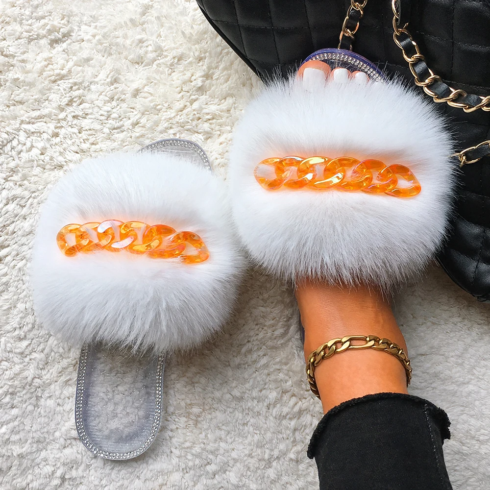 Fluffy Slippers Fur Slides Candy Color Transparent Chain Flip Flops Crystal Flat Slippers Women Sandals Summer 2021 Female Shoes