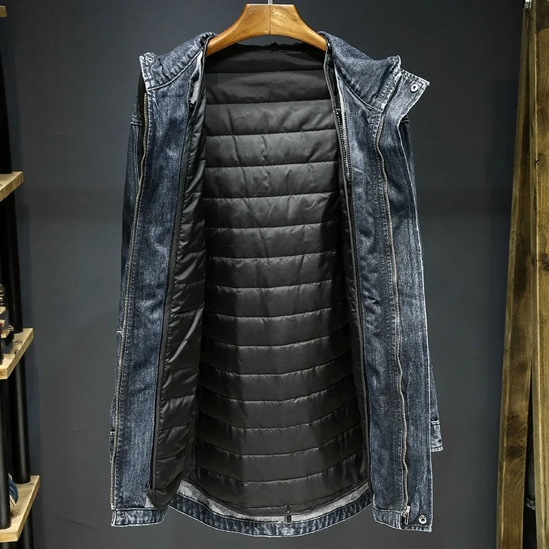 Mens ใหม่ Hooded เสื้อฝน Thicken Denim Outerwear Vintage High Street ลำลองขนาดใหญ่ตรงชาย2022ฤดูใบไม้ร่วงหลวมเสื้อ