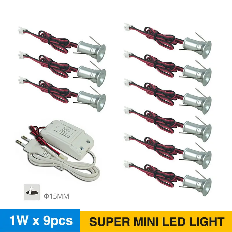 1W * 9 stks/set Dimbare Super Mini Verzonken Plafond Spot LED Verlichting met LED Transformator Trap Kast Spotlight lamp Gat D15mm