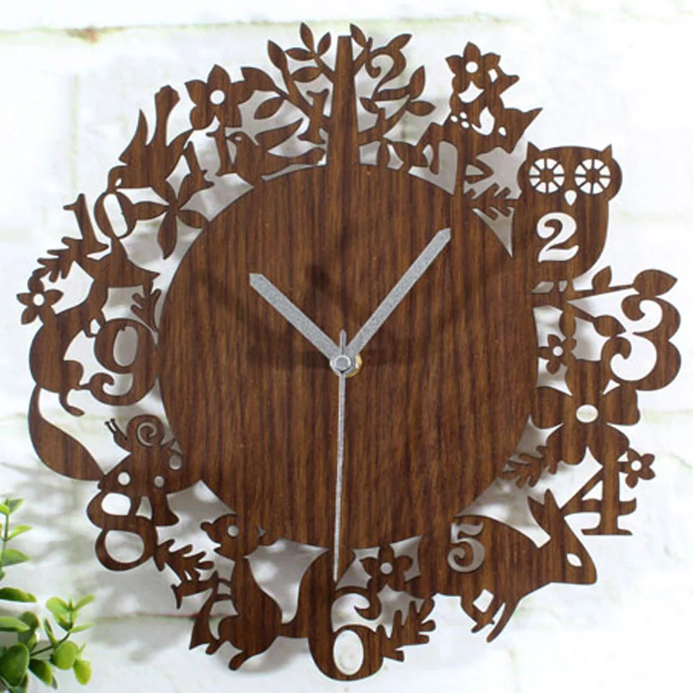 Cute Cartoon Wooden Wall Clock Simple Modern Design Forest Animals Wood Clocks Pastoral Style Bamboo Wall Watch Silent 12 inch