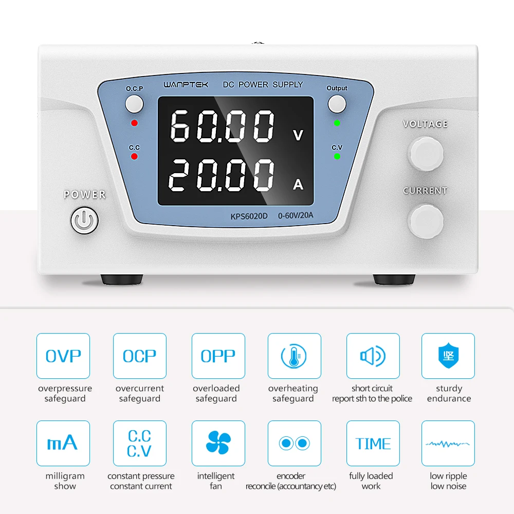 Imagem -03 - Wanptek Ajustável dc Fonte de Alimentação 60v 20a Metal Anodização Banco Laboratório Fonte Estabilizada Interruptor Alimentação 30v10a 500w 1000w Diy