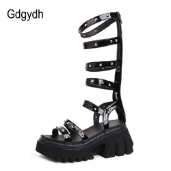 Gdgydh Street Style Roman Knee High Gladiator Sandals Women Rivet Platform Chunky Heels Punk Rock Gothic Shoes Zipper Comfort