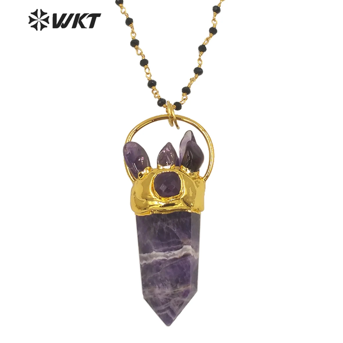 WT-N1274 WKT Factory Price Lady Purple Natural Stone Necklace With Gold Plated Trendy Hexagon A-methyst Stone Rosary Necklace